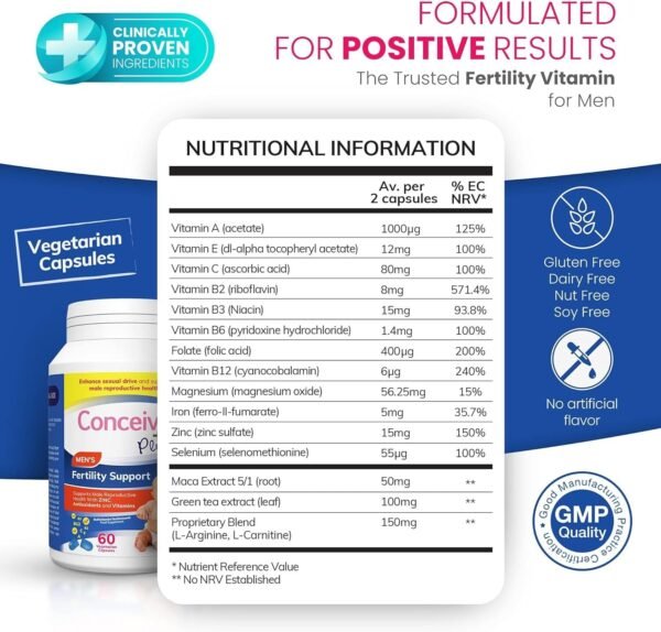 Conceive Plus Fertility Supplements for Men - Optimal Sperm Count & Motility - Maca, L-Arginine, Zinc, Folate Folic Acid & Magnesium - Conception Vitamins for Men, 60 Capsules, 30 Day Supply