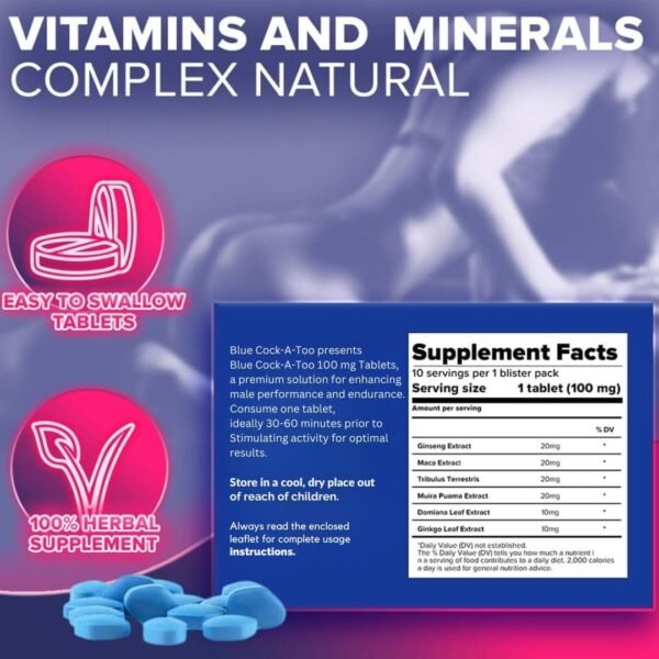 Blue Cock-a-Too V Plus 100mg Strong & Powerful for Confident Performer, Maximum Duration - 100% Herbal Supplement | Fast Acting Energy and Stamina (Ginseng Tablets) Made in UK, Pack of 10 (10)