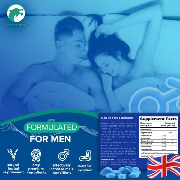 AllMaleUp Extra Strong Pills for Men - Natural Supplement for Enhanced Performance & Stamina - Fast-Acting Tablets - Food & Herbal Supplement - 10 Pills